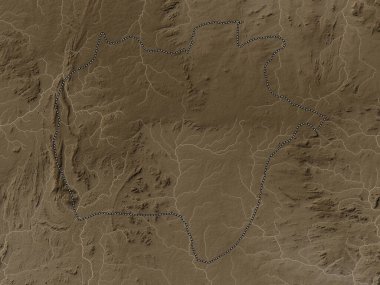 Ekiti, Nijerya eyaleti. Yükseklik haritası sepya tonlarında göller ve nehirlerle renklendirilmiş