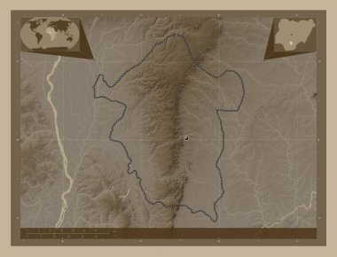 Enugu, Nijerya eyaleti. Yükseklik haritası sepya tonlarında göller ve nehirlerle renklendirilmiş. Köşedeki yedek konum haritaları