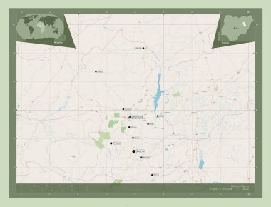 Gombe, Nijerya eyaleti. Açık Sokak Haritası. Bölgenin büyük şehirlerinin yerleri ve isimleri. Köşedeki yedek konum haritaları