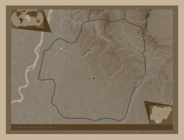 Imo, Nijerya Eyaleti. Yükseklik haritası sepya tonlarında göller ve nehirlerle renklendirilmiş. Bölgenin büyük şehirlerinin yerleri. Köşedeki yedek konum haritaları