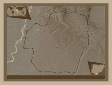 Imo, Nijerya Eyaleti. Yükseklik haritası sepya tonlarında göller ve nehirlerle renklendirilmiş. Köşedeki yedek konum haritaları