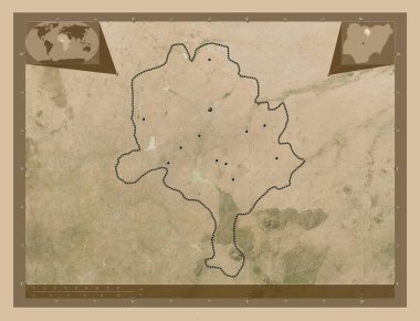 Kano, Nijerya Eyaleti. Düşük çözünürlüklü uydu. Bölgenin büyük şehirlerinin yerleri. Köşedeki yedek konum haritaları
