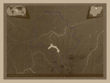 Kano, Nijerya Eyaleti. Yükseklik haritası sepya tonlarında göller ve nehirlerle renklendirilmiş. Bölgenin büyük şehirlerinin yerleri. Köşedeki yedek konum haritaları