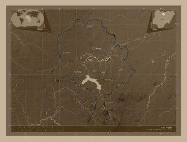 Kano, Nijerya Eyaleti. Yükseklik haritası sepya tonlarında göller ve nehirlerle renklendirilmiş. Bölgenin büyük şehirlerinin yerleri ve isimleri. Köşedeki yedek konum haritaları