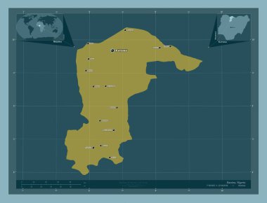 Katsina, Nijerya eyaleti. Katı renk şekli. Bölgenin büyük şehirlerinin yerleri ve isimleri. Köşedeki yedek konum haritaları