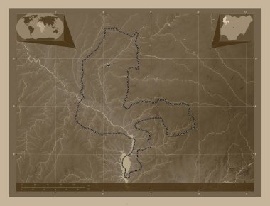 Kebbi, Nijerya Eyaleti. Yükseklik haritası sepya tonlarında göller ve nehirlerle renklendirilmiş. Köşedeki yedek konum haritaları