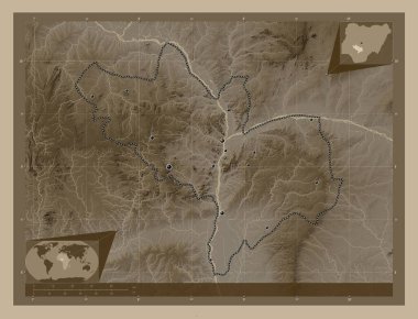 Kogi, Nijerya Eyaleti. Yükseklik haritası sepya tonlarında göller ve nehirlerle renklendirilmiş. Bölgenin büyük şehirlerinin yerleri. Köşedeki yedek konum haritaları