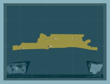 Lagos, Nijerya Eyaleti. Katı renk şekli. Bölgenin büyük şehirlerinin yerleri ve isimleri. Köşedeki yedek konum haritaları