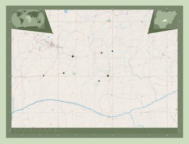 Nassarawa, Nijerya Eyaleti. Açık Sokak Haritası. Bölgenin büyük şehirlerinin yerleri. Köşedeki yedek konum haritaları