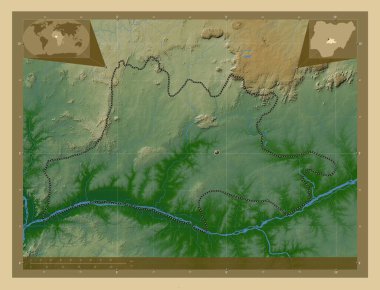 Nassarawa, Nijerya Eyaleti. Gölleri ve nehirleri olan renkli yükseklik haritası. Köşedeki yedek konum haritaları