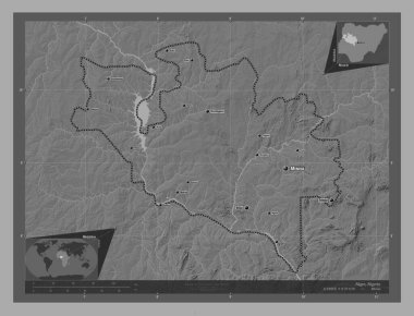 Nijer, Nijerya eyaleti. Göllü ve nehirli çift katlı yükseklik haritası. Bölgenin büyük şehirlerinin yerleri ve isimleri. Köşedeki yedek konum haritaları