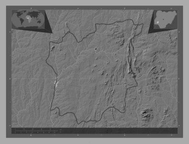 Osun, Nijerya Eyaleti. Göllü ve nehirli çift katlı yükseklik haritası. Köşedeki yedek konum haritaları