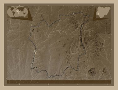 Osun, Nijerya Eyaleti. Yükseklik haritası sepya tonlarında göller ve nehirlerle renklendirilmiş. Köşedeki yedek konum haritaları