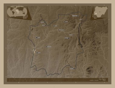 Osun, Nijerya Eyaleti. Yükseklik haritası sepya tonlarında göller ve nehirlerle renklendirilmiş. Bölgenin büyük şehirlerinin yerleri ve isimleri. Köşedeki yedek konum haritaları