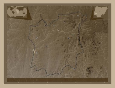 Osun, Nijerya Eyaleti. Yükseklik haritası sepya tonlarında göller ve nehirlerle renklendirilmiş. Bölgenin büyük şehirlerinin yerleri. Köşedeki yedek konum haritaları