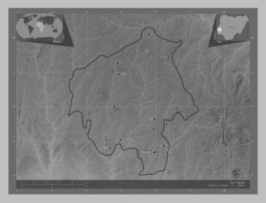 Oyo, Nijerya Eyaleti. Gölleri ve nehirleri olan gri tonlama yükseklik haritası. Bölgenin büyük şehirlerinin yerleri ve isimleri. Köşedeki yedek konum haritaları