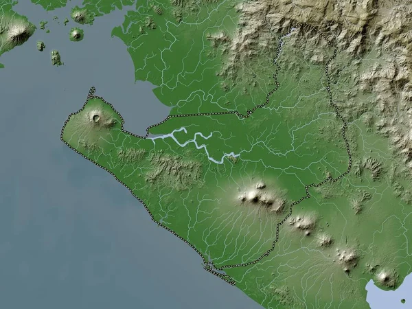 ニカラグアのチナンデガだ 湖や川とWikiスタイルで着色された標高マップ — ストック写真