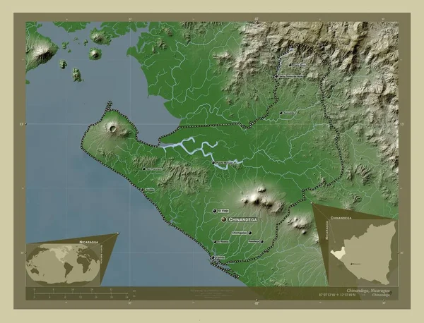 Chinandega 尼加拉瓜省 用Wiki风格绘制的带有湖泊和河流的高程地图 该区域主要城市的地点和名称 角辅助位置图 — 图库照片