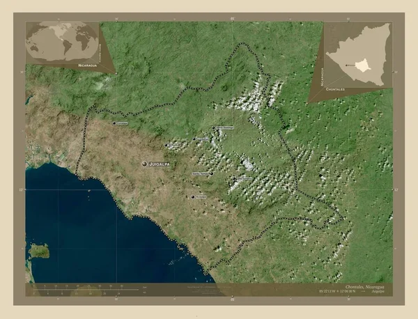尼加拉瓜省 Chontales 高分辨率卫星地图 该区域主要城市的地点和名称 角辅助位置图 — 图库照片