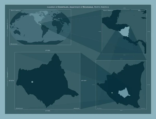 尼加拉瓜省 Chontales 在大比例尺地图上显示该区域位置的图表 坚实背景下矢量框架和Png形状的组成 — 图库照片