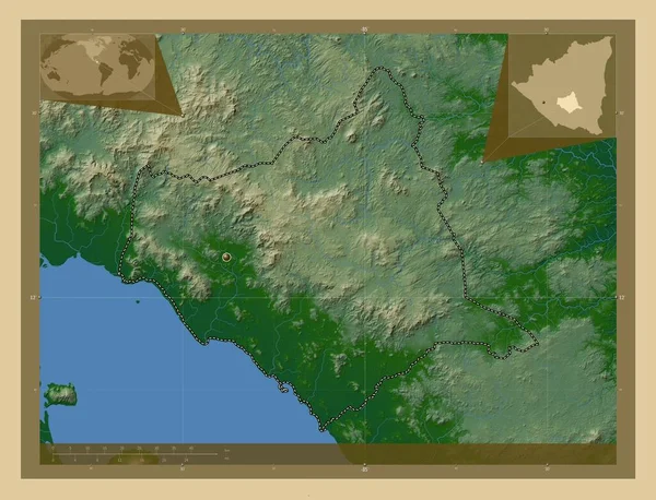 Чонталес Департамент Никарагуа Цветная Карта Высоты Озерами Реками Вспомогательные Карты — стоковое фото