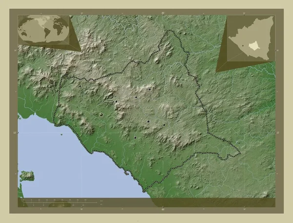 尼加拉瓜省 Chontales 用Wiki风格绘制的带有湖泊和河流的高程地图 该区域主要城市的所在地点 角辅助位置图 — 图库照片