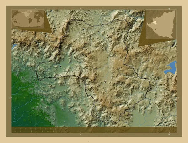 ニカラグアのエステリだ 湖や川と色の標高マップ 地域の主要都市の場所 コーナー補助位置図 — ストック写真