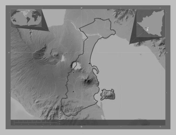 Granada Department Nicaragua Grayscale Elevation Map Lakes Rivers Locations Major — Stock Photo, Image