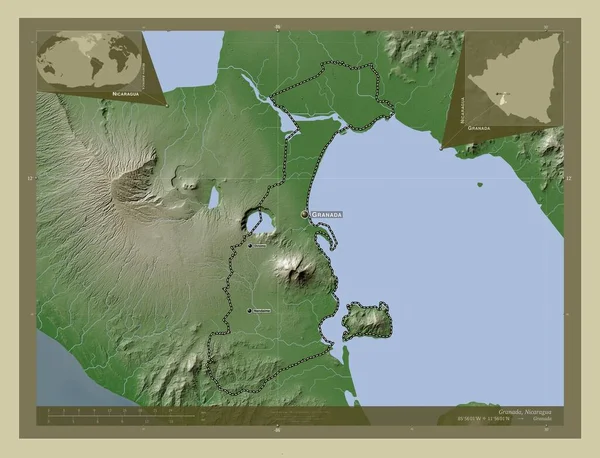 尼加拉瓜省格拉纳达 用Wiki风格绘制的带有湖泊和河流的高程地图 该区域主要城市的地点和名称 角辅助位置图 — 图库照片