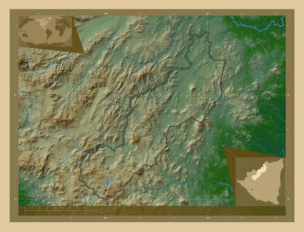 Джинотега Департамент Нікарагуа Кольорові Карти Висот Озерами Річками Кутові Допоміжні — стокове фото