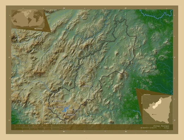 Джинотега Департамент Никарагуа Цветная Карта Высоты Озерами Реками Места Названия — стоковое фото