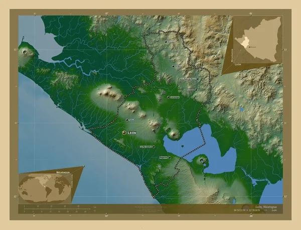 尼加拉瓜省 有湖泊和河流的彩色高程图 该区域主要城市的地点和名称 角辅助位置图 — 图库照片