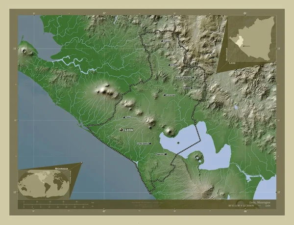 尼加拉瓜省 用Wiki风格绘制的带有湖泊和河流的高程地图 该区域主要城市的地点和名称 角辅助位置图 — 图库照片