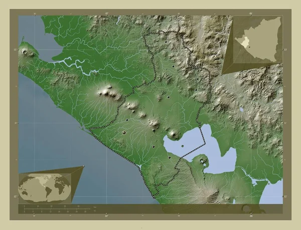 尼加拉瓜省 用Wiki风格绘制的带有湖泊和河流的高程地图 该区域主要城市的所在地点 角辅助位置图 — 图库照片