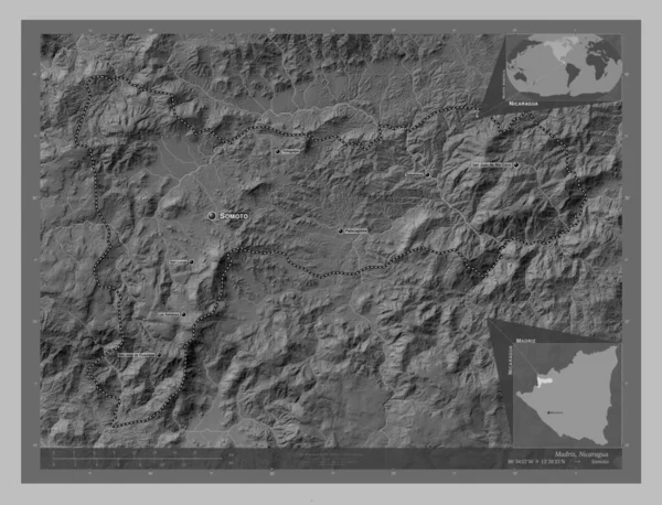 Madriz 尼加拉瓜省 带有湖泊和河流的灰度高程图 该区域主要城市的地点和名称 角辅助位置图 — 图库照片