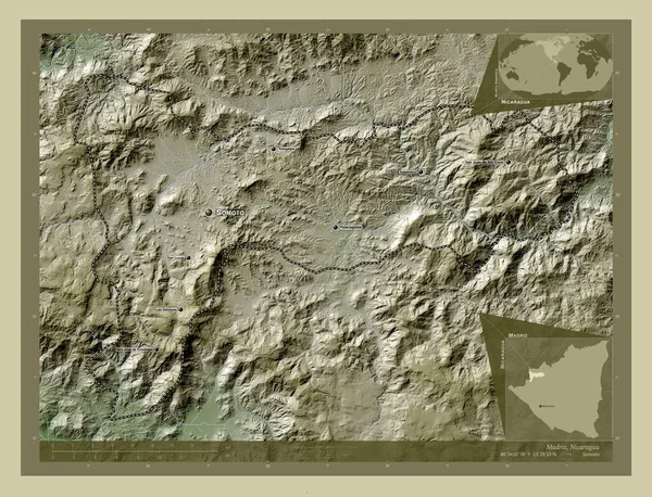 Madriz 尼加拉瓜省 用Wiki风格绘制的带有湖泊和河流的高程地图 该区域主要城市的地点和名称 角辅助位置图 — 图库照片