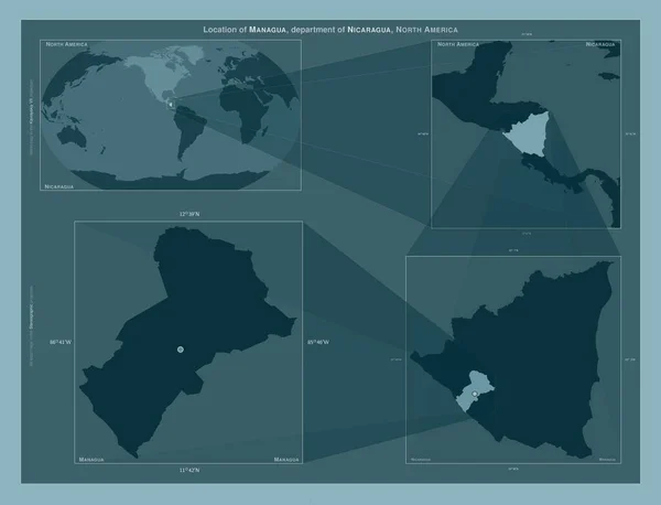 尼加拉瓜马那瓜省 在大比例尺地图上显示该区域位置的图表 坚实背景下矢量框架和Png形状的组成 — 图库照片
