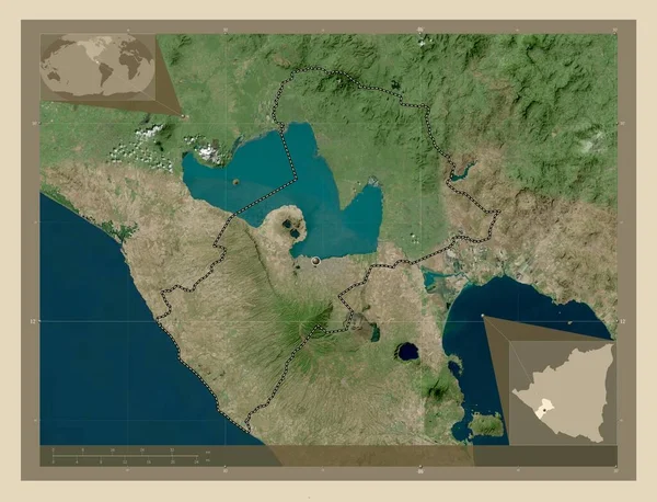 尼加拉瓜马那瓜省 高分辨率卫星地图 角辅助位置图 — 图库照片