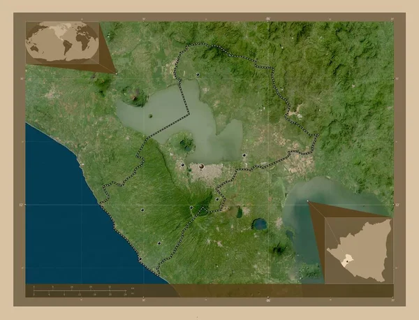 尼加拉瓜马那瓜省 低分辨率卫星地图 该区域主要城市的所在地点 角辅助位置图 — 图库照片