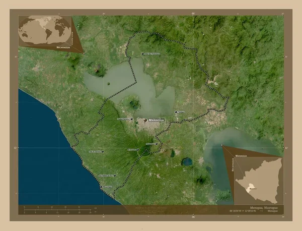 尼加拉瓜马那瓜省 低分辨率卫星地图 该区域主要城市的地点和名称 角辅助位置图 — 图库照片