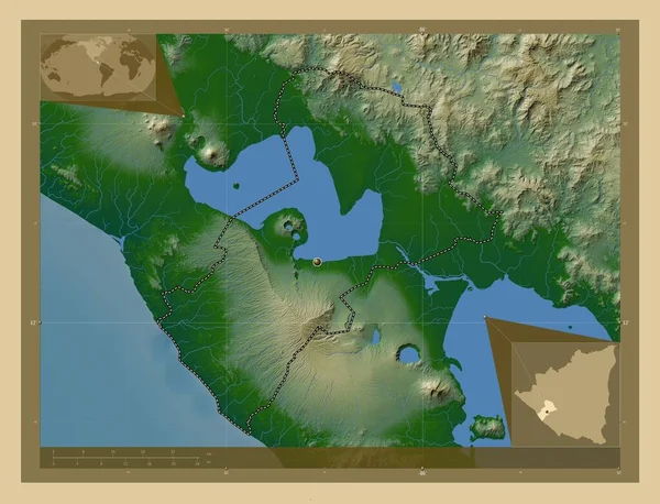 Managua Oddělení Nikaraguy Barevná Mapa Jezery Řekami Pomocné Mapy Polohy — Stock fotografie