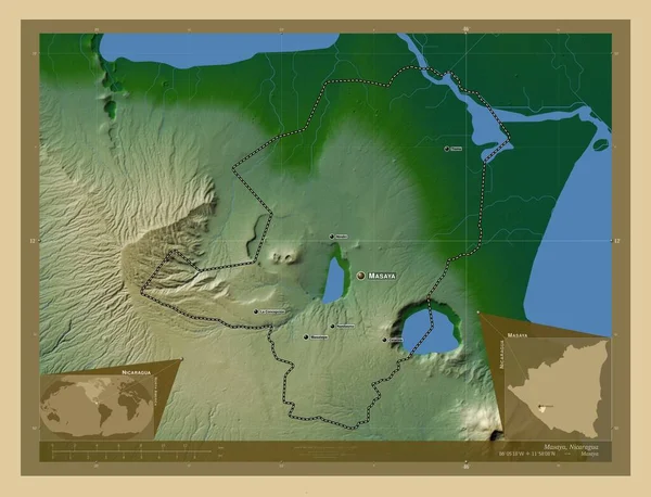 Масая Департамент Нікарагуа Кольорові Карти Висот Озерами Річками Місця Розташування — стокове фото