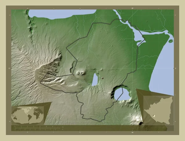 尼加拉瓜省的Masaya 用Wiki风格绘制的带有湖泊和河流的高程地图 角辅助位置图 — 图库照片