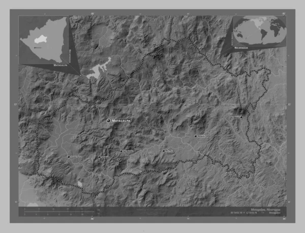 Matagalpa Departament Nikaragui Mapa Wzniesień Skali Szarości Jeziorami Rzekami Lokalizacje — Zdjęcie stockowe