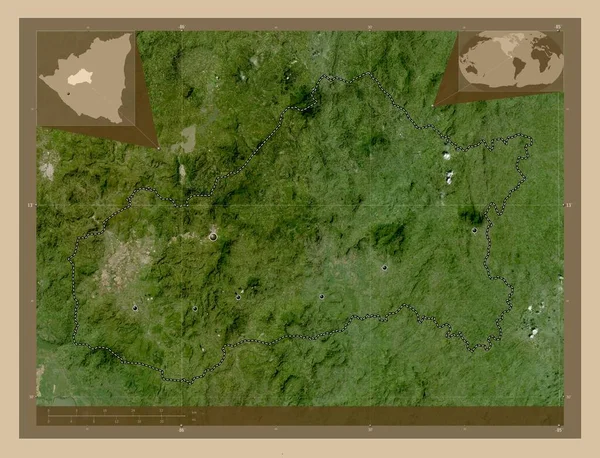 ニカラグア省のマタガルパ 低解像度衛星地図 地域の主要都市の場所 コーナー補助位置図 — ストック写真