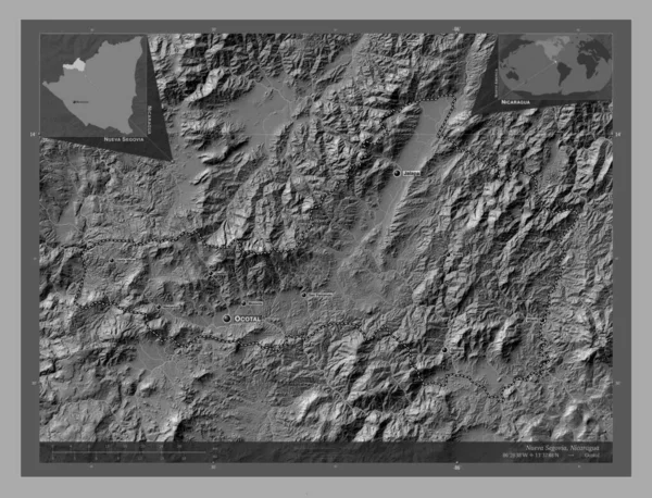 Nueva Segovia Departament Nikaragui Dwupoziomowa Mapa Jeziorami Rzekami Lokalizacje Nazwy — Zdjęcie stockowe