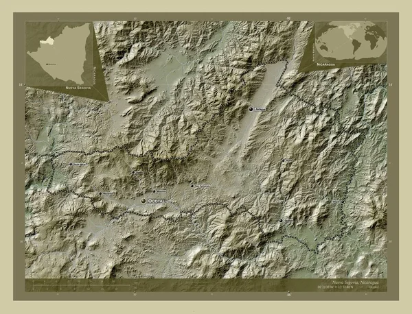 尼加拉瓜省努埃瓦塞戈维亚 用Wiki风格绘制的带有湖泊和河流的高程地图 该区域主要城市的地点和名称 角辅助位置图 — 图库照片