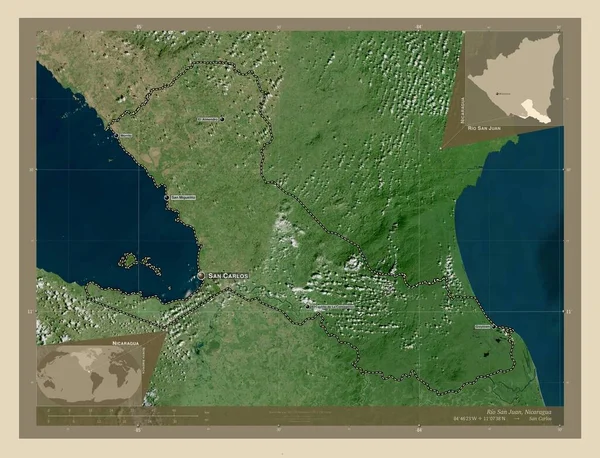 Rio San Juan 尼加拉瓜省 高分辨率卫星地图 该区域主要城市的地点和名称 角辅助位置图 — 图库照片