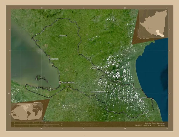 Rio San Juan 尼加拉瓜省 低分辨率卫星地图 该区域主要城市的地点和名称 角辅助位置图 — 图库照片