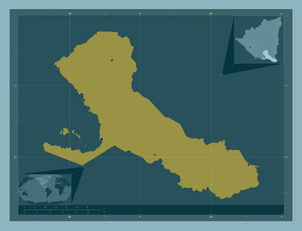 Rio San Juan 尼加拉瓜省 固体的颜色形状 该区域主要城市的所在地点 角辅助位置图 — 图库照片